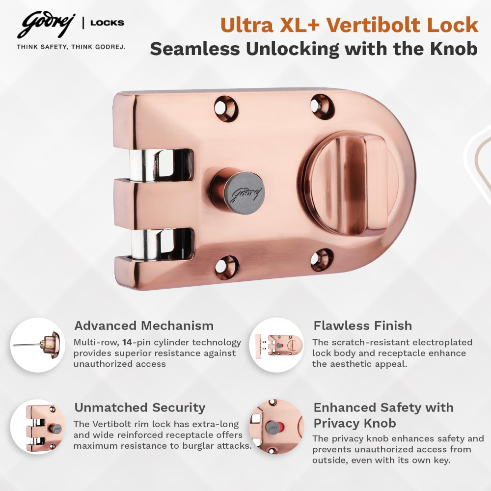 Godrej Rim Lock I Vertibolt 1CK Deadbolt I for Inside Opening Wooden Door | Left or Right Handed Doors I 4 Keys I 5-Year Warranty I Manual Locking l Rose Gold Finish